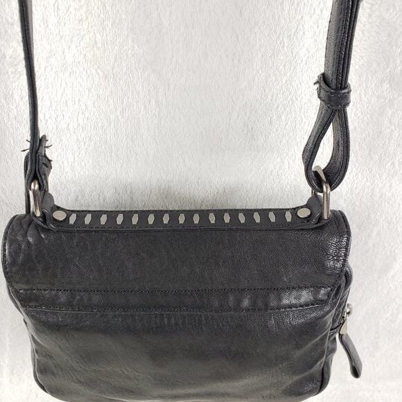 Levity Crossbody Handbag Black Leather and Silver Studded Fold Over Organizer - Picture 5 of 10